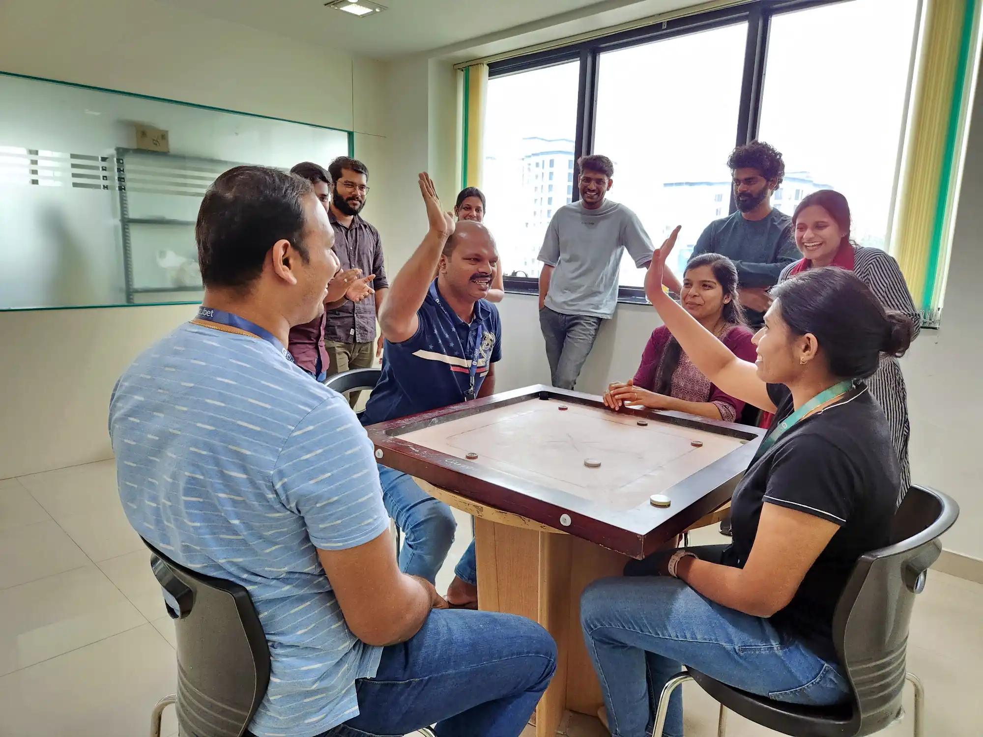 A winning moment from the Carrom tournament.